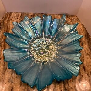 Akcam Turkish Opalescent Aqua Blue/Gold Platter Glass